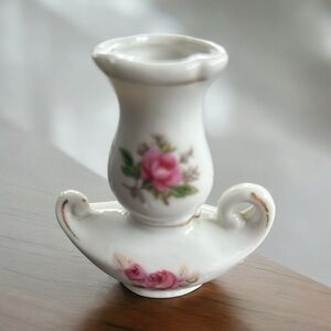 MCM Vintage Miniature Genie lamp hand painted vase, Japan, Roses, handles